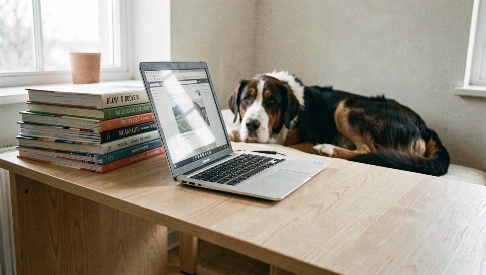 Bureau de travail en bois clair avec un ordinateur portable ouvert, des ouvrages canins empilés et un bouvier couché derrière