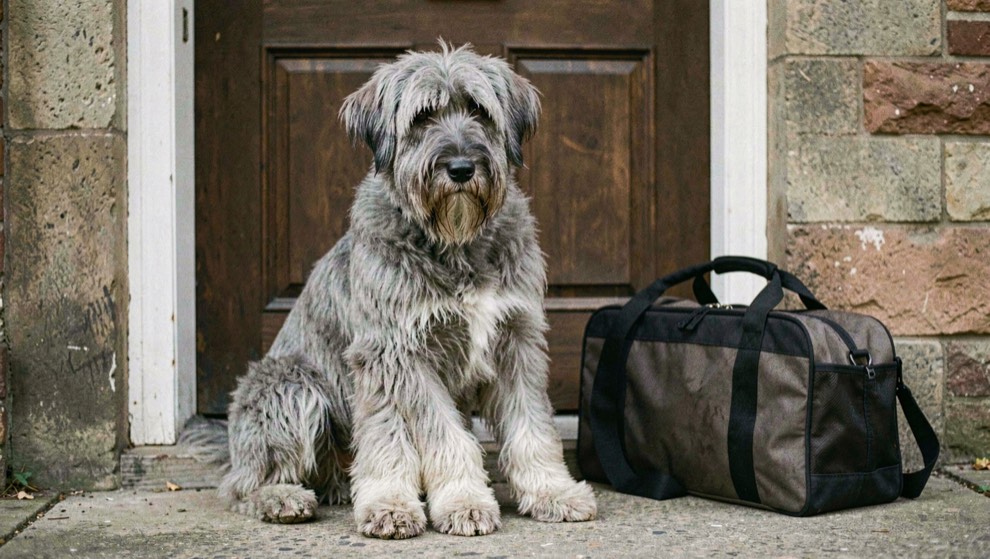 Bouvier des Flandres adulte au poil gris assis contre une porte d’entrée, laisse posée au sol et sac de transport à côté