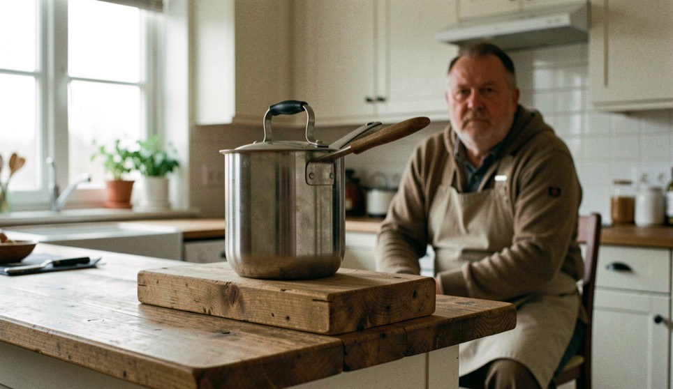 Bol inox posé sur un support surélevé en bois dans une cuisine, bouvier des Flandres assis à distance attendant le signal