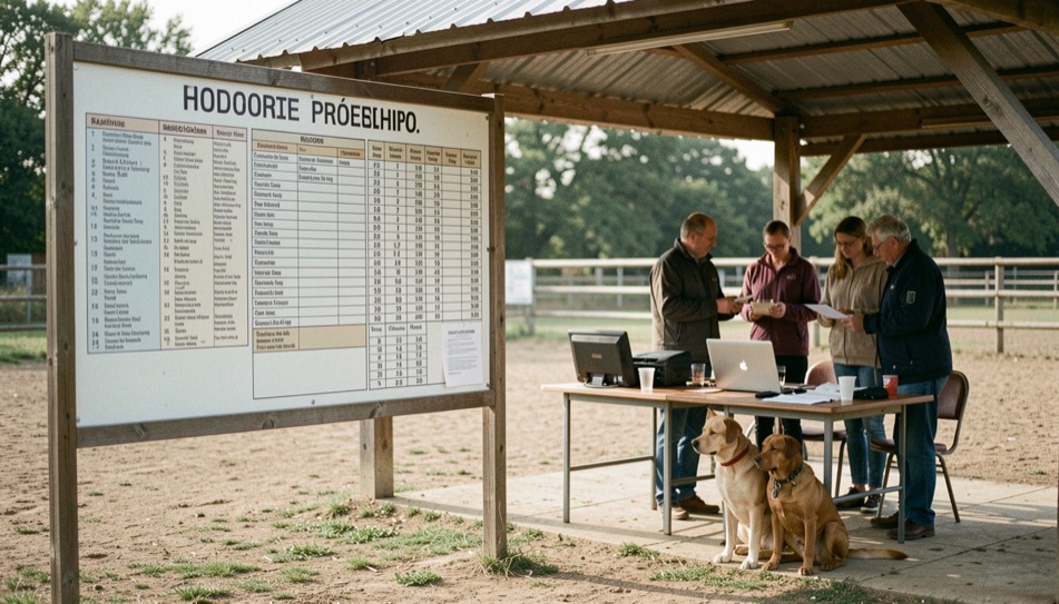 Tableau d’affichage de résultats et table de secrétariat sous un auvent, propriétaires et chiens attendant à proximité du ring