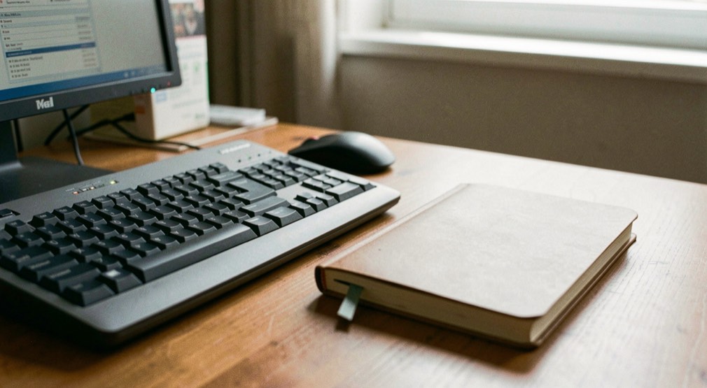 Clavier d’ordinateur et carnet fermé sur un bureau de bois, lumière douce venant d’une fenêtre latérale