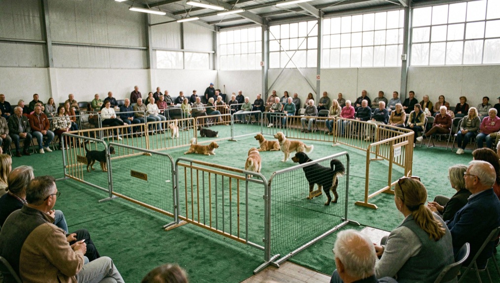 Hall d’exposition canine avec plusieurs rings délimités par des barrières basses, tapis verts et spectateurs assis autour