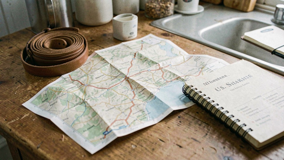 Carte routière dépliée sur une table de cuisine à côté d’une laisse enroulée et d’un carnet à spirale