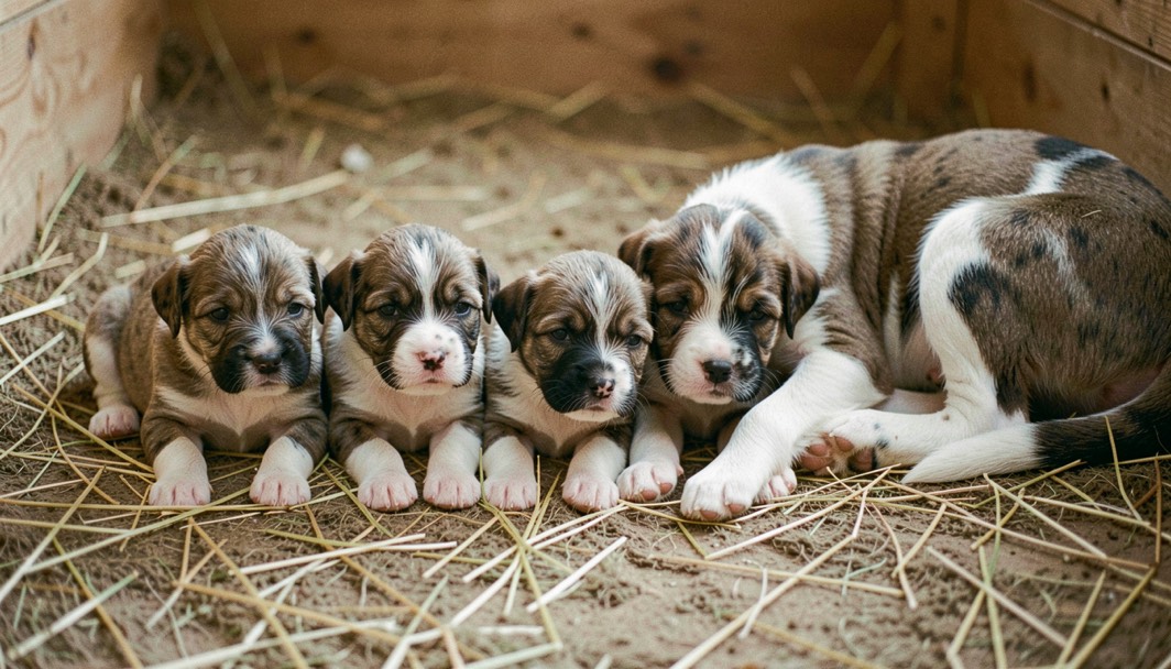 Nichée de cinq chiots bouvier des Flandres de six semaines sur un tapis de paille, mère allongée sur le côté à leur droite