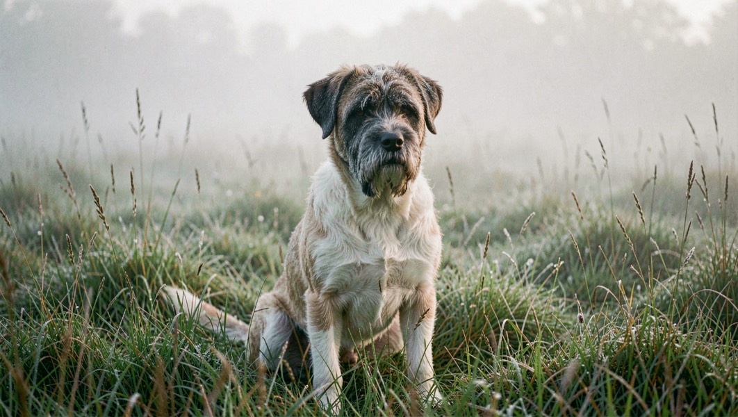 Bouvier des Flandres assis dans l’herbe haute d’un pré au petit matin, brume basse derrière lui et poil couvert de rosée