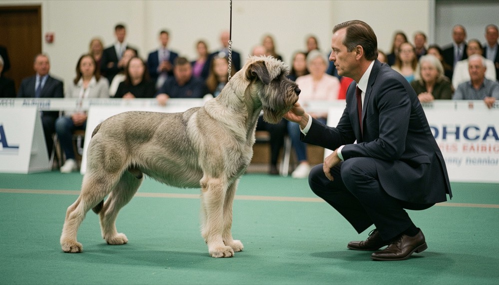 Bouvier des Flandres présenté en laisse de présentation sur un tapis vert de ring, juge accroupi observant l’aplomb des antérieurs