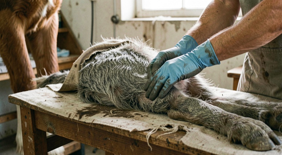 Mains gantées démêlant à la carde le poil rude et gris du flanc d’un bouvier des Flandres sur une table de toilettage en bois