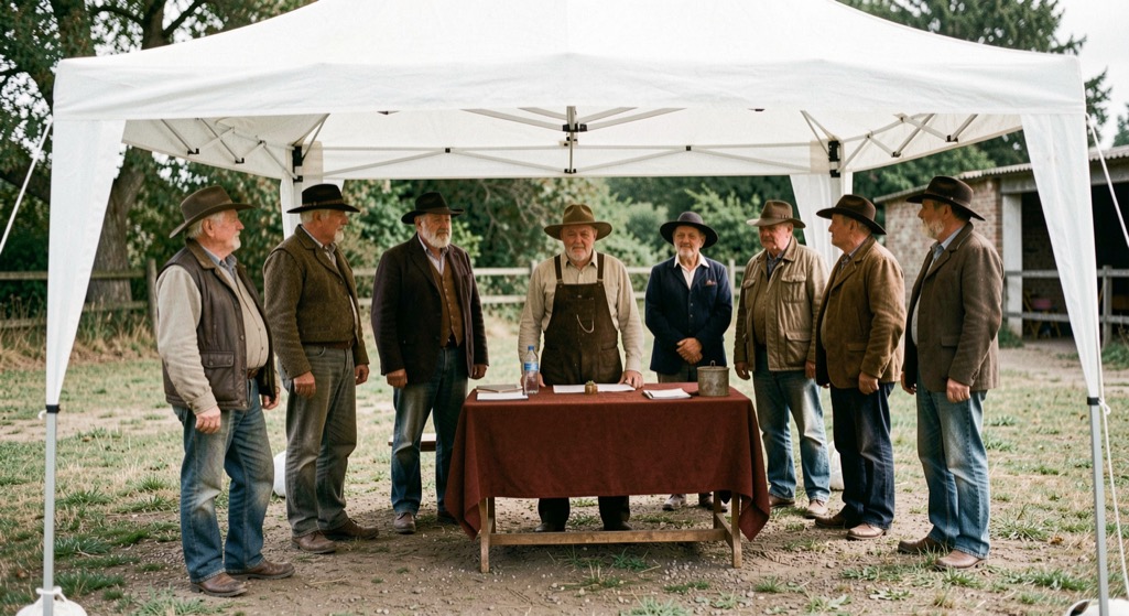 Ring de conformation en plein air sous un chapiteau blanc, plusieurs bouviers des Flandres alignés devant une table de juge