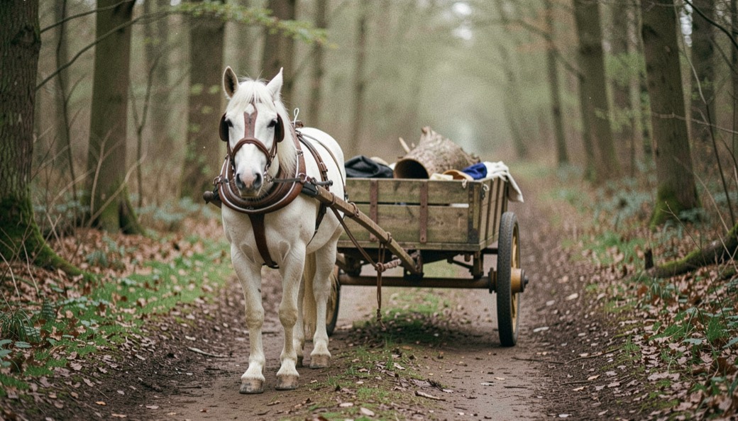 Bouvier des Flandres attelé à une charrette de bois à deux roues sur un chemin forestier, harnais de poitrail en cuir bien ajusté